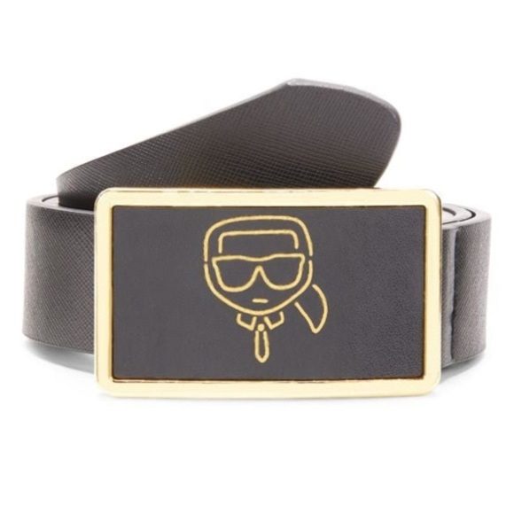 NEW - KARL LAGERFELD PARISKL Head Plaque Leather BeltSize 40. Black/Gold